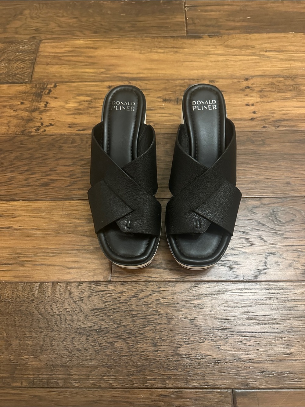 Donald Pliner "Klara" Black Leather Crossband Wedge Slides with White Platform - Picture 2 of 7